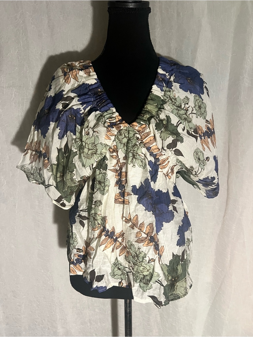 Floral V-Neck Puff Sleeve Women's Top - White with Blue, Green & Brown Floral